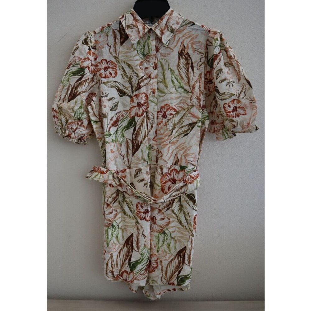 Charlie Holiday Floral Button-Front Romper in Cream, Brown & Green